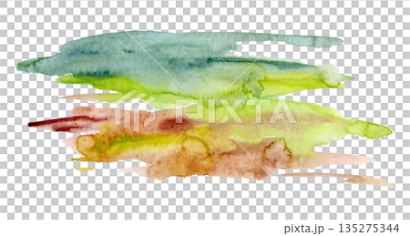 Watercolor wash blending blue, green and earthy brown like rolling hills and countryside scenery. Hand drawn isolated illustration for tourism design, nature branding and outdoor lifestyle projects. 135275344