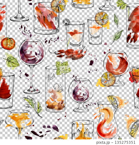 Classic warm cocktail seamless pattern. Old-Fashioned, wine balloons, flatliner shot with chili peppers, Aperol Spritz, Tequila Sunrise. Hand drawn ink-outlined watercolor for creative product design. 135275351