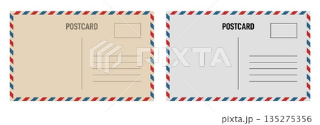 Vector illustration of a blank vintage travel postcard backside with air mail and postage stamp elements. Retro postal design template for address, message, or print mockups. Vector illustration of a blank vintage travel postcard backside with air mail and postage stamp elements. Retro postal design template for address, message, or print mockups. 135275356
