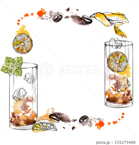 Long island iced tea, Mai tai cocktails with coffee beans, orange juice splatter. Soft wreath frame, hand drawn in ink outlines and watercolor gradients for cafe stationery or summer campaign visuals. 135275400