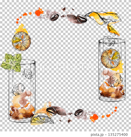 Long island iced tea, Mai tai cocktails with coffee beans, orange juice splatter. Soft wreath frame, hand drawn in ink outlines and watercolor gradients for cafe stationery or summer campaign visuals. 135275400