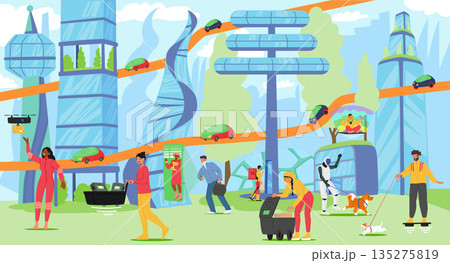 Futuristic smart city featuring diverse citizens and innovative technologies cartoon background 135275819