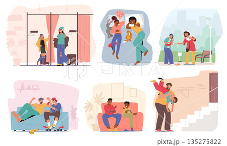 Various lifestyle isolated scenes set of parents spending happy times with their teenagers 135275822