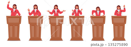 Female politician cartoon character with different emotions giving speech on tribune isolated set Female politician cartoon character with different emotions giving speech on tribune isolated set 135275890