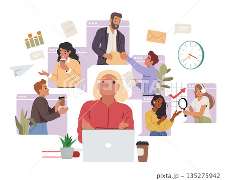 Scene showing colleagues having meeting during virtual conferences working online via desktop 135275942