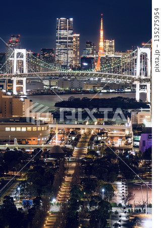 東京都、テレコムセンターから眺めるお台場と東京都心の夜景 135275954