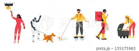 Futuristic city people, robot assistant, deliveryman various activities isolated set on white Futuristic city people, robot assistant, deliveryman various activities isolated set on white 135275963