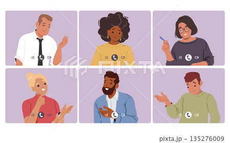 Online meeting window on digital desktop screen featuring teamwork collaboration cartoon scene 135276009
