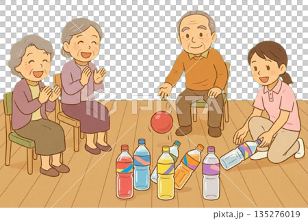 老年人娛樂活動：塑膠瓶保齡球 135276019