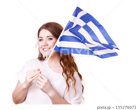Woman with greek waving flag, on white 135276071