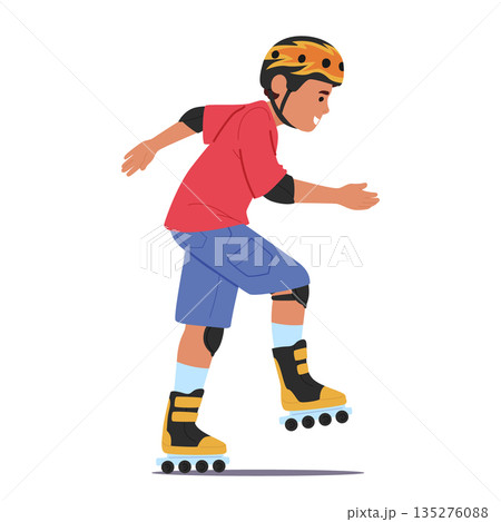 Courageous boy child cartoon character on roller skates riding fast isolated on white background 135276088