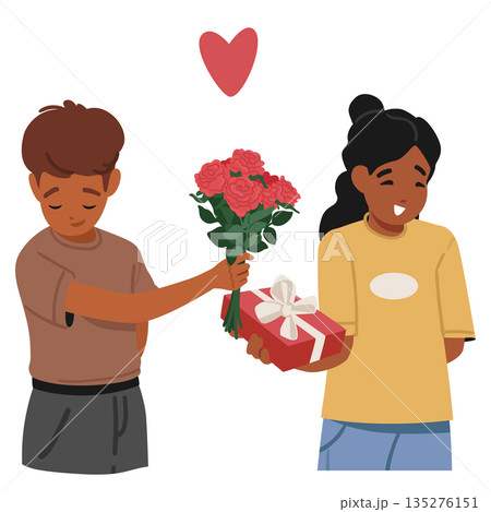 Cute preteen girl and boy exchanging gifts on Valentines Day with emotion of shy and happy 135276151