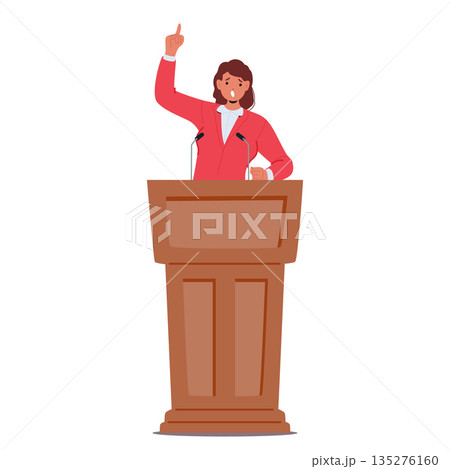 Emotional female politician cartoon character actively gesturing pointing finger upward in air Emotional female politician cartoon character actively gesturing pointing finger upward in air 135276160