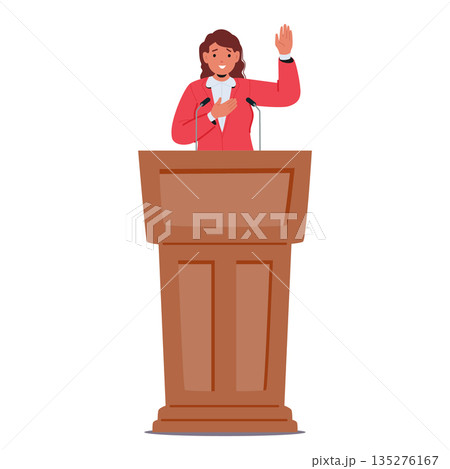 Female politician cartoon character with her hand raised taking oath before speech at podium 135276167