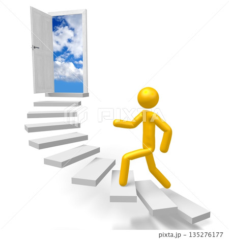 Cartoon character walking up a steps - 3D illustration 135276177