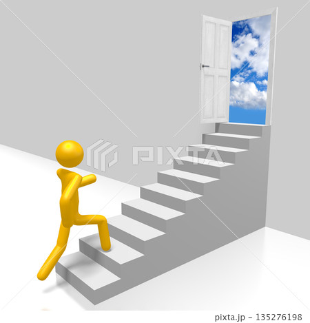 Cartoon character walking up a steps - 3D illustration 135276198