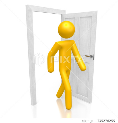 3D cartoon character walking through a door 3D cartoon character walking through a door 135276255