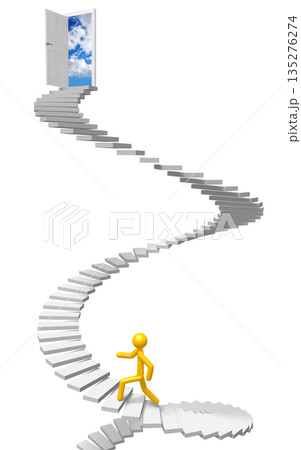 Cartoon character walking up a steps - 3D illustration Cartoon character walking up a steps - 3D illustration 135276274