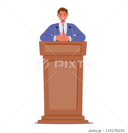 Doubtful discouraged male politician cartoon character hands folded uncertainly standing at tribune Doubtful discouraged male politician cartoon character hands folded uncertainly standing at tribune 135276285