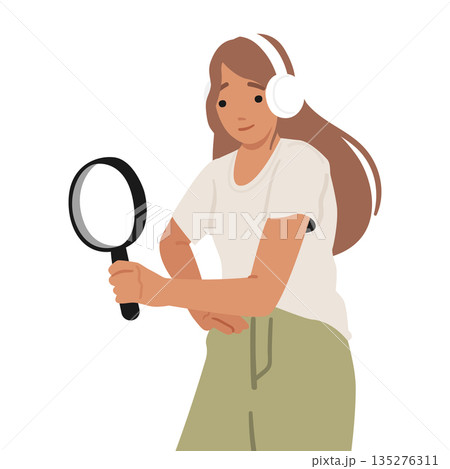 Young female worker or student wearing headphones holding magnifying glass isolated on white 135276311
