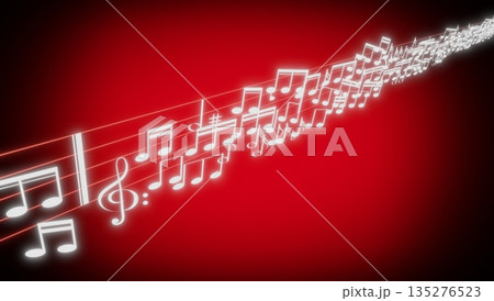 Music notes, treble clef and a staff on red background - 3D illustration 135276523