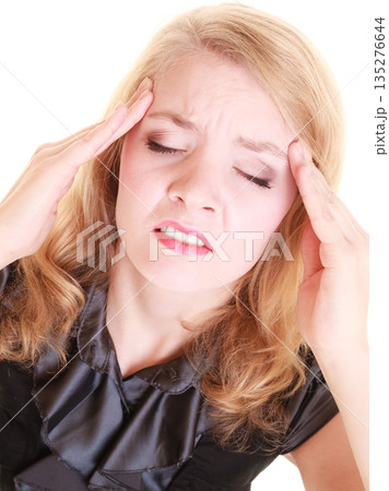 Headache. Woman suffering from head pain isolated. 135276644