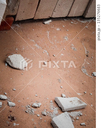 Broken brick pieces on construction site 135276683