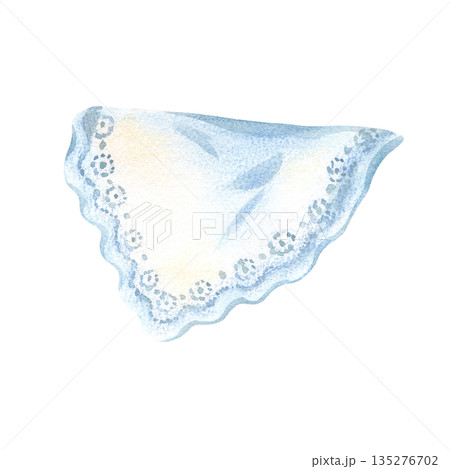 Delicate lace light blue hanging picnic tablecloth. Lacy white towel, handkerchief, napkin. Hand drawn watercolor, colored pencils Illustration isolated from background. Elegant clip art for basket Delicate lace light blue hanging picnic tablecloth. Lacy white towel, handkerchief, napkin. Hand drawn watercolor, colored pencils Illustration isolated from background. Elegant clip art for basket 135276702