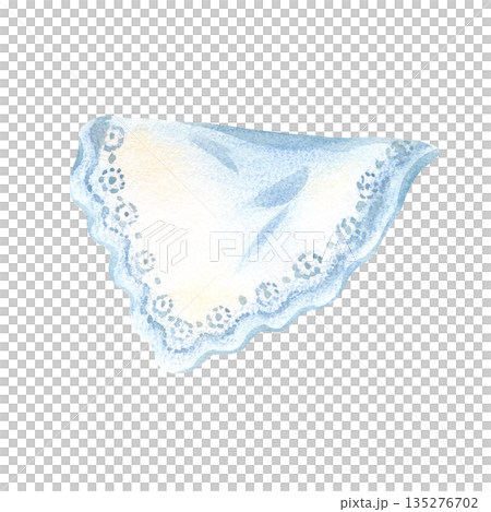 Delicate lace light blue hanging picnic tablecloth. Lacy white towel, handkerchief, napkin. Hand drawn watercolor, colored pencils Illustration isolated from background. Elegant clip art for basket Delicate lace light blue hanging picnic tablecloth. Lacy white towel, handkerchief, napkin. Hand drawn watercolor, colored pencils Illustration isolated from background. Elegant clip art for basket 135276702