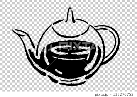手書き風のガラスのハーブティーセットのモノクロイラスト（ティーポット・カップ） 135276752