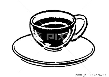 手書き風のガラスのハーブティーセットのモノクロイラスト（ティーポット・カップ） 135276753