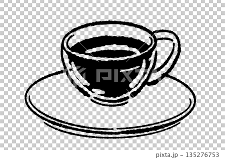 手繪玻璃花草茶具（茶壺和茶杯）的單色插圖 135276753