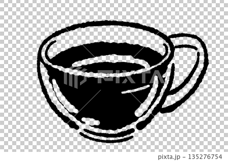 手書き風のガラスのハーブティーセットのモノクロイラスト（ティーポット・カップ） 135276754