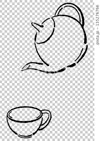 手書き風のガラスのハーブティーセットのモノクロイラスト（ティーポット・カップ） 135276766