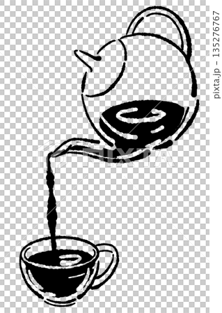 Monochrome illustration of a hand-drawn glass herbal tea set (teapot and cups) Monochrome illustration of a hand-drawn glass herbal tea set (teapot and cups) 135276767