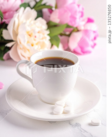 Fresh morning espresso in a white ceramic cup served with a bouquet of pink rose flowers and a hot beverage on a saucer for a beautiful cafe breakfast Fresh morning espresso in a white ceramic cup served with a bouquet of pink rose flowers and a hot beverage on a saucer for a beautiful cafe breakfast 135276850