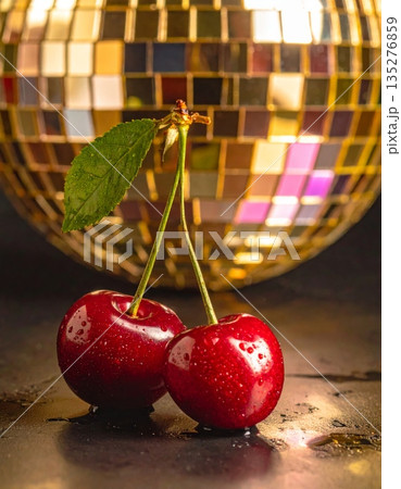 Fresh ripe red cherries with green stems are displayed in a glass, on a plate, and in a bowl as a healthy sweet dessert isolated on white for a delicious summer food closeup 135276859