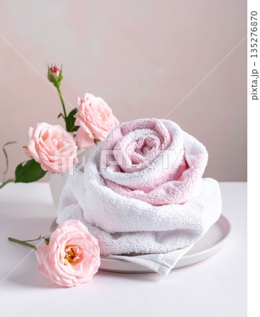 A clean stack of pink towels and fresh rose flowers on a spa table creates a sense of beauty and relaxation for a wellness bath treatment A clean stack of pink towels and fresh rose flowers on a spa table creates a sense of beauty and relaxation for a wellness bath treatment 135276870