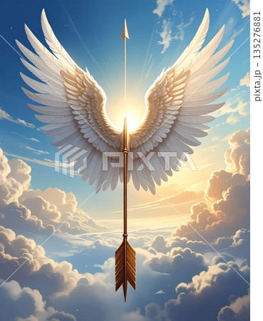 Vector illustration of a holy angel with wings flying through a blue heaven sky near a sunlit cross and a peaceful dove symbol of freedom 135276881