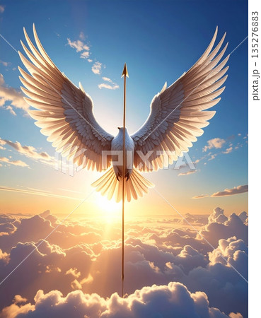 Vector illustration of a holy angel with wings flying through a blue heaven sky near a sunlit cross and a peaceful dove symbol of freedom Vector illustration of a holy angel with wings flying through a blue heaven sky near a sunlit cross and a peaceful dove symbol of freedom 135276883