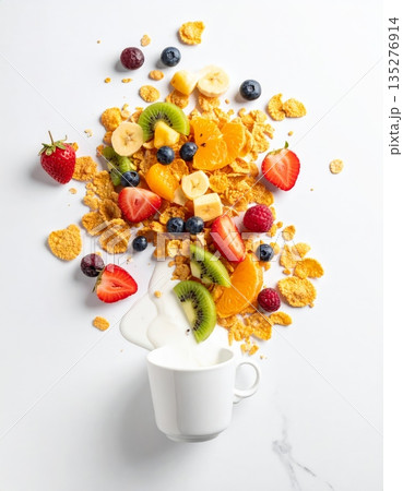 A healthy breakfast bowl of fresh muesli with berries and milk features a nutritious meal of oats, granola, and strawberries for a sweet morning diet 135276914