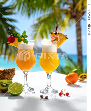 A fresh tropical cocktail with lime and orange juice served in a cold glass with ice at a summer beach bar party A fresh tropical cocktail with lime and orange juice served in a cold glass with ice at a summer beach bar party 135276994