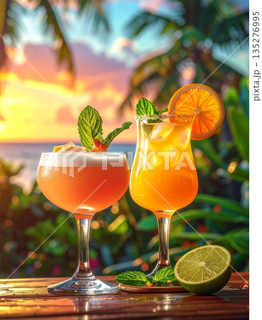 A fresh tropical cocktail with lime and orange juice served in a cold glass with ice at a summer beach bar party 135276995