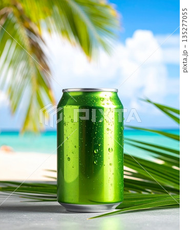 A refreshing bottle of water and premium champagne rest on the pristine sand of a tropical Caribbean beach under paradise island palms by the turquoise summer sea A refreshing bottle of water and premium champagne rest on the pristine sand of a tropical Caribbean beach under paradise island palms by the turquoise summer sea 135277055