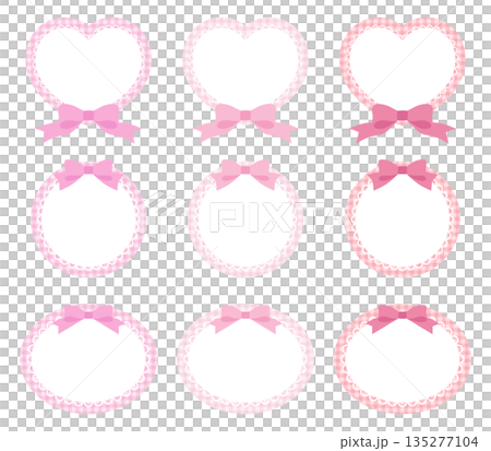 リボンがついたかわいいレースフレームのベクターイラストセット。ハート、飾り、ギンガムチェック 135277104
