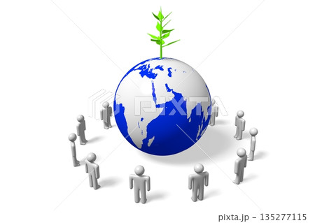 Earth and cartoon characters standing in circle - 3D illustration 135277115