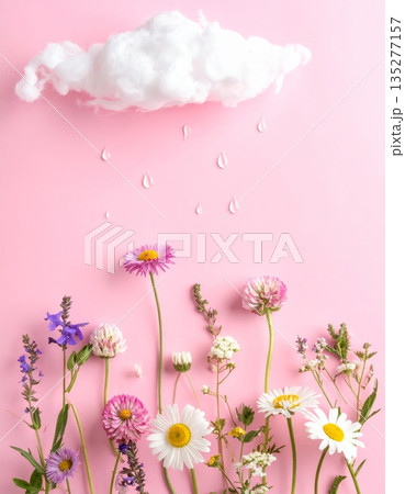 Pink cosmos flowers bloom in a lush summer meadow under a clear blue sky, showcasing vibrant petals and natural floral beauty in a sunny garden landscape 135277157