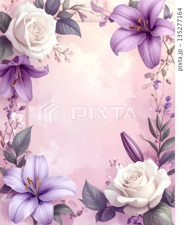 Seamless floral pattern design featuring a nature background of pink rose blossoms and purple tulip petals with spring leaf illustrations in a beautiful blooming bouquet frame Seamless floral pattern design featuring a nature background of pink rose blossoms and purple tulip petals with spring leaf illustrations in a beautiful blooming bouquet frame 135277164
