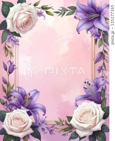 Seamless floral pattern design featuring a nature background of pink rose blossoms and purple tulip petals with spring leaf illustrations in a beautiful blooming bouquet frame Seamless floral pattern design featuring a nature background of pink rose blossoms and purple tulip petals with spring leaf illustrations in a beautiful blooming bouquet frame 135277165