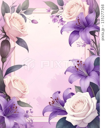 Seamless floral pattern design featuring a nature background of pink rose blossoms and purple tulip petals with spring leaf illustrations in a beautiful blooming bouquet frame Seamless floral pattern design featuring a nature background of pink rose blossoms and purple tulip petals with spring leaf illustrations in a beautiful blooming bouquet frame 135277168